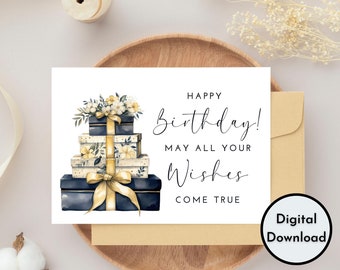 Happy Birthday Card - DIGITAL Download - Printable Birthday Card Featuring Blue Floral Birthday Presents - Printable Happy Birthday Card