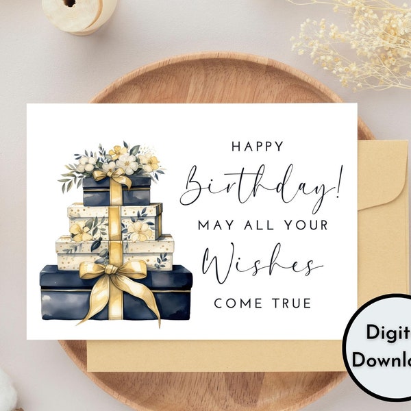 Happy Birthday Card - DIGITAL Download - Printable Birthday Card Featuring Blue Floral Birthday Presents - Printable Happy Birthday Card