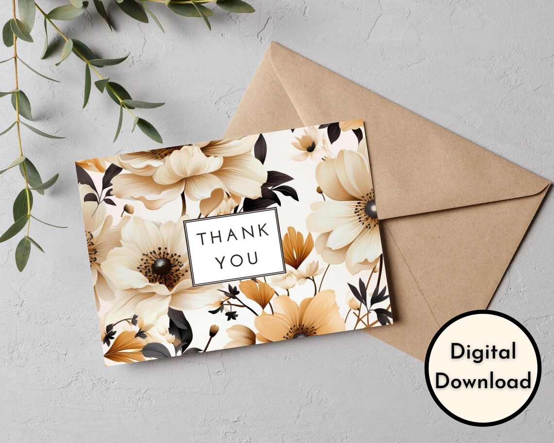 Floral Thank You Card - DIGITAL Download - Beautiful Printable Dark and ...