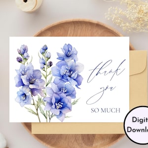 Carte de remerciement florale - Téléchargement numérique - Carte de remerciement imprimable avec des fleurs de Delphinium - Impression 8,5 pouces par 11 pouces - Coupe à 5 pouces par 7 pouces