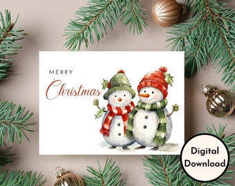 Merry Christmas Card - DIGITAL Download - Beautiful Printable Christmas Card Featuring Snowmen - Print 8.5in by 11in - Cut to 5in by 7in