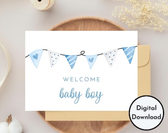 Welcome Baby Boy Card - DIGITAL Download - Printable Welcome Baby Boy Card - Printable Simple Baby Card with Cute Blue Baby Banner