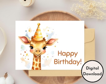 Kids Happy Birthday Card - DIGITAL Download - Printable Children's Birthday Card Featuring Cute Giraffe - Printable Happy Birthday Card