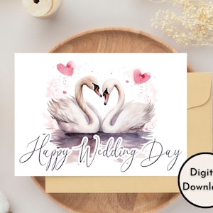 Tarjeta del día de la boda feliz - Descarga DIGITAL - Tarjeta de boda imprimible - Tarjeta de felicitación de boda imprimible - Tarjeta de cisnes encantadores imprimibles
