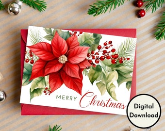 Merry Christmas Card - DIGITAL Download - Beautiful Printable Christmas Card Featuring Poinsettias - Print 8.5in by 11in - Cut to 5in by 7in