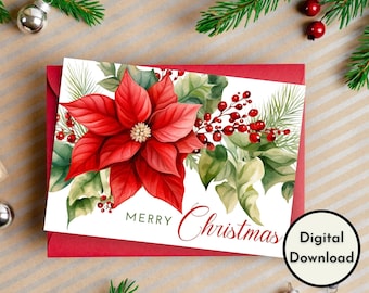 Merry Christmas Card - DIGITAL Download - Beautiful Printable Christmas Card Featuring Poinsettias - Print 8.5in by 11in - Cut to 5in by 7in