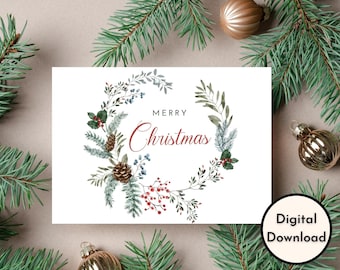 Merry Christmas Card - DIGITAL Download - Beautiful Printable Christmas Card Featuring a Wreath - Print 8.5in by 11in -Cut to 5in by 7in