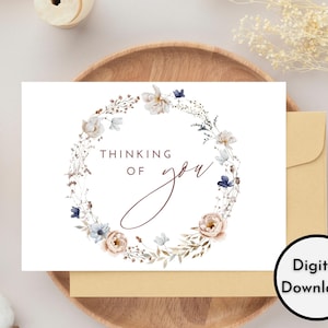 Carte florale « Thinking of you » - téléchargement numérique - belle carte florale imprimable « Thinking of you » - Impression 8,5 po. par 11 po. - Coupe à 5 po. par 7 po.