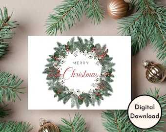 Tarjeta de Feliz Navidad - Descarga DIGITAL - Hermosa tarjeta de Navidad imprimible con una corona - Impresión de 8,5 x 11 pulgadas - Corte a 5 x 7 pulgadas