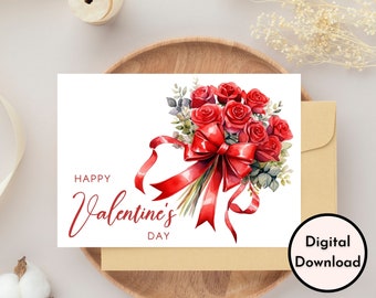 Happy Valentine's Day Card - DIGITAL Download - Printable Valentine's Card Featuring Red Roses - Printable Valentine's Card - Printable Card