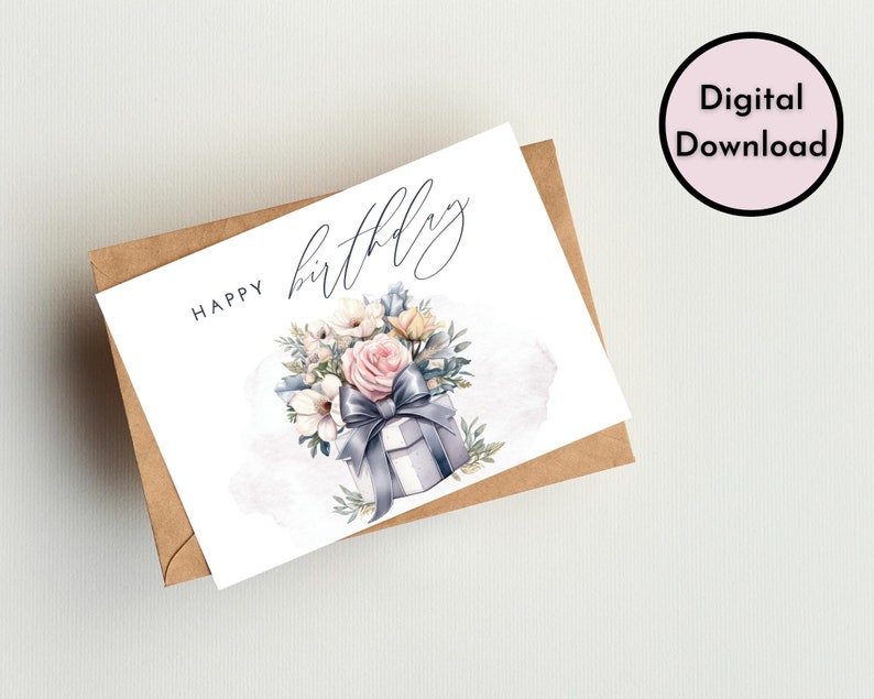 Elegant Floral Happy Birthday Card DIGITAL Download Printable Birthday ...