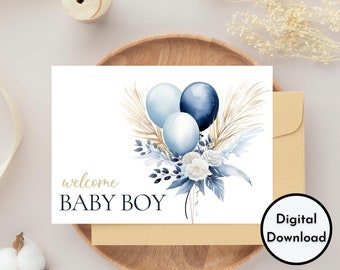 Carte de bienvenue bébé garçon - Téléchargement numérique - Carte de bienvenue bébé garçon imprimable - Belle carte imprimable bébé garçon avec ballons floraux bleus