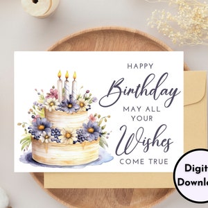 Happy Birthday Card - DIGITAL Download - Printable Birthday Card with Floral Birthday Cake with Candles - Printable Happy Birthday Card