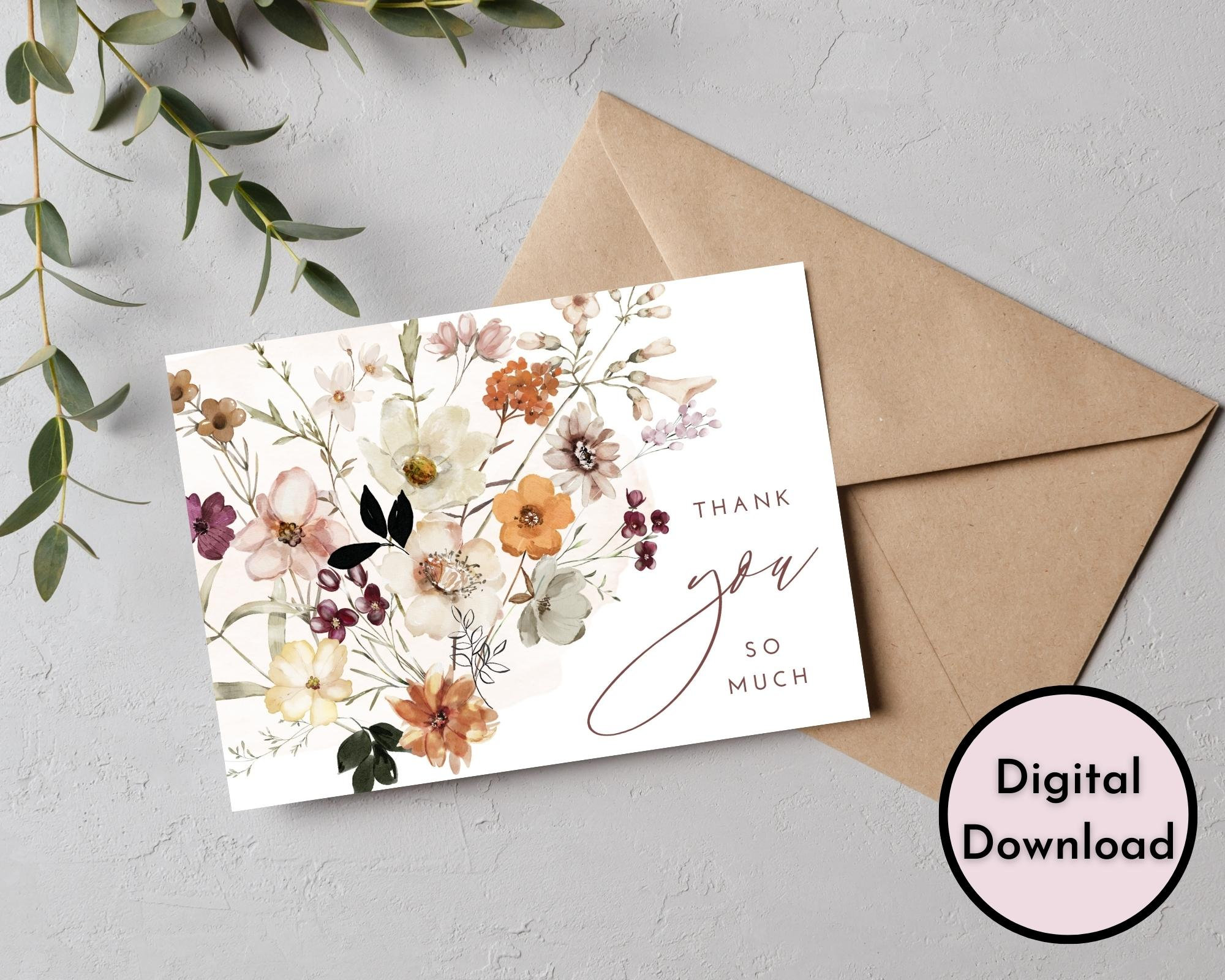 Floral Thank You so Much Card - DIGITAL Download - Beautiful Printable ...