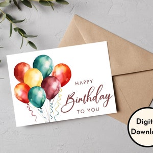 Happy Birthday Card - DIGITAL Download - Printable Birthday Card Featuring Colorful Balloons - Printable Happy Birthday Card -Printable Card
