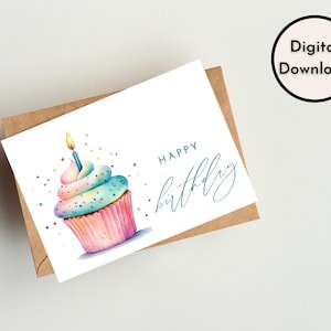 Happy Birthday Card DIGITAL Download Printable Birthday Card Featuring Colorful Cupcake Printable Happy Birthday Card Printable Card zdjęcie 3