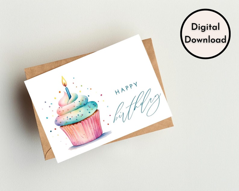 Happy Birthday Card DIGITAL Download Printable Birthday Card Featuring Colorful Cupcake Printable Happy Birthday Card Printable Card zdjęcie 3
