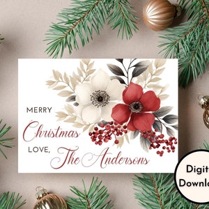Carte de joyeux Noël personnalisée - téléchargement numérique - belle carte de Noël florale imprimable - impression 8,5 po. par 11 po. - coupé à 5 po. par 7 po.