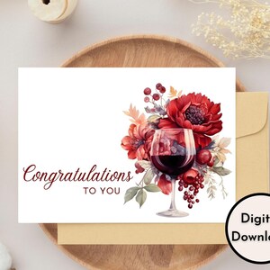 Félicitations à vous carte de vin floral rouge - Téléchargement NUMÉRIQUE - Carte de félicitations imprimable - Carte de vin rouge de félicitations imprimable