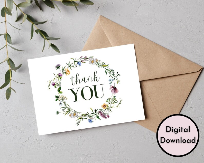 Floral Thank You Card - DIGITAL Download - Beautiful Printable Thank ...