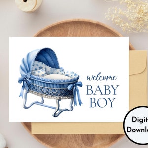 Willkommens-Baby-Jungen-Karte - DIGITALER Download - druckbare Willkommens-Baby-Jungen-Karte - Elegante Baby-Jungen-Karte mit blauer Babywiege