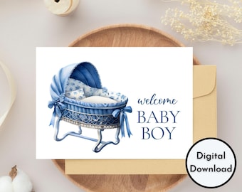 Welcome Baby Boy Card - DIGITAL Download - Printable Welcome Baby Boy Card - Printable Elegant Baby Boy Card with Blue Baby Bassinet