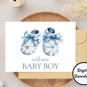 Cartão de boas-vindas para bebê - Download DIGITAL - Cartão de boas-vindas para bebê para impressão - Lindo cartão para impressão de bebê com sapatos florais azuis