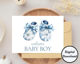 Carte de bienvenue bébé garçon - Téléchargement numérique - Carte de bienvenue bébé garçon imprimable - Belle carte imprimable bébé garçon avec chaussures florales bleues