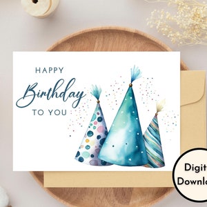 Happy Birthday Card - DIGITAL Download - Printable Birthday Card Featuring Colorful Birthday Hats - Printable Happy Birthday Card -Printable