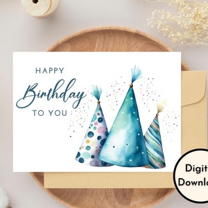 Carte de joyeux anniversaire - Téléchargement NUMÉRIQUE - Carte d’anniversaire imprimable avec des chapeaux d’anniversaire colorés - Carte de joyeux anniversaire imprimable -Imprimable