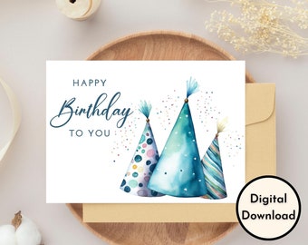 Happy Birthday Card - DIGITAL Download - Printable Birthday Card Featuring Colorful Birthday Hats - Printable Happy Birthday Card -Printable