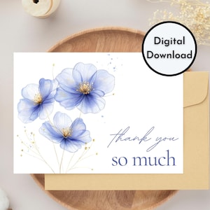 Carte de remerciement florale - téléchargement numérique - belle carte de remerciement imprimable fleurs bleues - impression 8,5 po. par 11 po. - coupée à 5 po. par 7 po.
