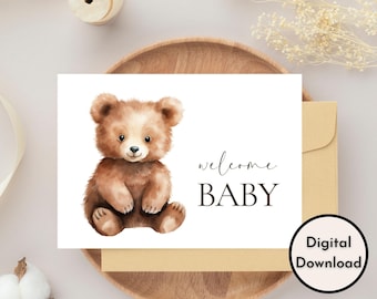 Welkomstkaart baby - digitale download - afdrukbare welkomstbabykaart met schattige beer - afdrukbare genderneutrale babykaart - babykaart