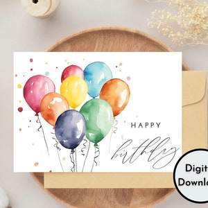 Happy Birthday Card - DIGITAL Download - Printable Birthday Card Featuring Colorful Balloons - Printable Happy Birthday Card -Printable Card