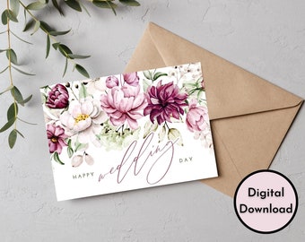Floral Elegant Happy Wedding Day Card - DIGITAL Download - Printable Wedding Card - Printable Wedding Congratulations Card - Printable Card