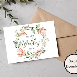 Cartão floral de feliz dia de casamento - Download DIGITAL - Cartão de casamento para impressão - Cartão de parabéns de casamento para impressão - Cartão para impressão