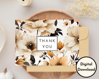 Floral Thank You Card - DIGITAL Download - Beautiful Printable Dark and Light Floral Thank You Card - Print 8.5in by 11in -Cut to 5in by 7in