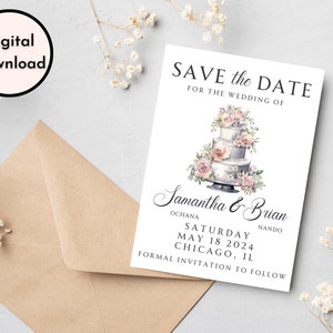 Save The Date personnalisé avec gâteau floral - FICHIER JPG NUMÉRIQUE - 5 po par 7 po - Imprimable Save The Date - Mariage élégant Save The Date
