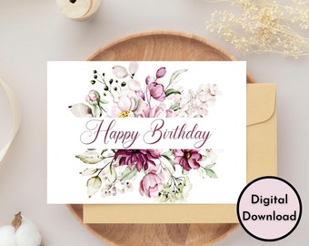 Elegante Blumen Geburtstagskarte - DIGITALER Download - Druckbare Elegante Geburtstagskarte - Druckbare Happy Birthday Karte - Druckbare Karte