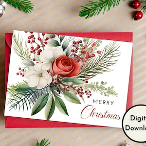 Joyeux Noël carte - téléchargement numérique - belle carte de Noël imprimable avec des fleurs - impression 8,5 po. par 11 po. - coupé à 5 po. par 7 po.