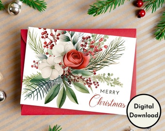 Merry Christmas Card - DIGITAL Download - Beautiful Printable Christmas Card Featuring Flowers - Print 8.5in by 11in - Cut to 5in by 7in