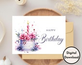 Happy Birthday Card - DIGITAL Download - Printable Birthday Card Featuring Floral Cake - Printable Happy Birthday Card - Printable BDay Card