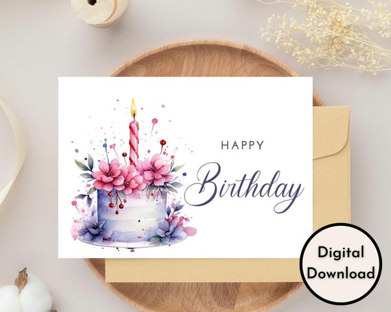 Happy Birthday Card - DIGITAL Download - Printable Birthday Card Featuring Floral Cake - Printable Happy Birthday Card - Printable BDay Card