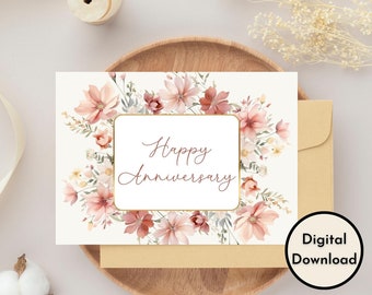 Happy Anniversary Card - DIGITAL Download - Printable Pink Floral Anniversary Card - Printable Anniversary Card with Pink Flowers Image