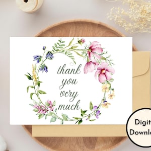 Tarjeta de muchas gracias - Descarga DIGITAL - Hermosa tarjeta de agradecimiento de corona floral imprimible - Imprimir 8,5 pulgadas por 11 pulgadas - Cortar a 5 pulgadas por 7 pulgadas