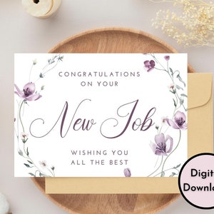 Parabéns florais pelo seu novo cartão de trabalho - Download DIGITAL - Parabéns elegantes para impressão, novo cartão de trabalho com flores em aquarela
