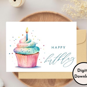 Happy Birthday Card - DIGITAL Download - Printable Birthday Card Featuring Colorful Cupcake - Printable Happy Birthday Card - Printable Card