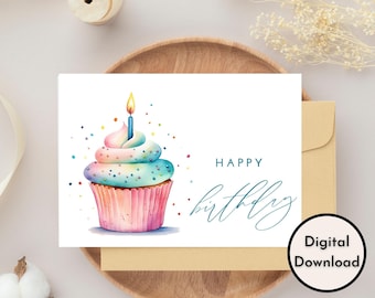 Happy Birthday Card - DIGITAL Download - Printable Birthday Card Featuring Colorful Cupcake - Printable Happy Birthday Card - Printable Card