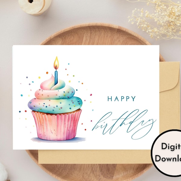 Happy Birthday Card - DIGITAL Download - Printable Birthday Card Featuring Colorful Cupcake - Printable Happy Birthday Card - Printable Card