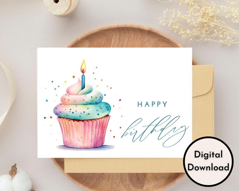 Happy Birthday Card DIGITAL Download Printable Birthday Card Featuring Colorful Cupcake Printable Happy Birthday Card Printable Card zdjęcie 1